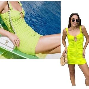 Zara lime green ruched draped sleeveless cut-out bodycon mini dress thick straps